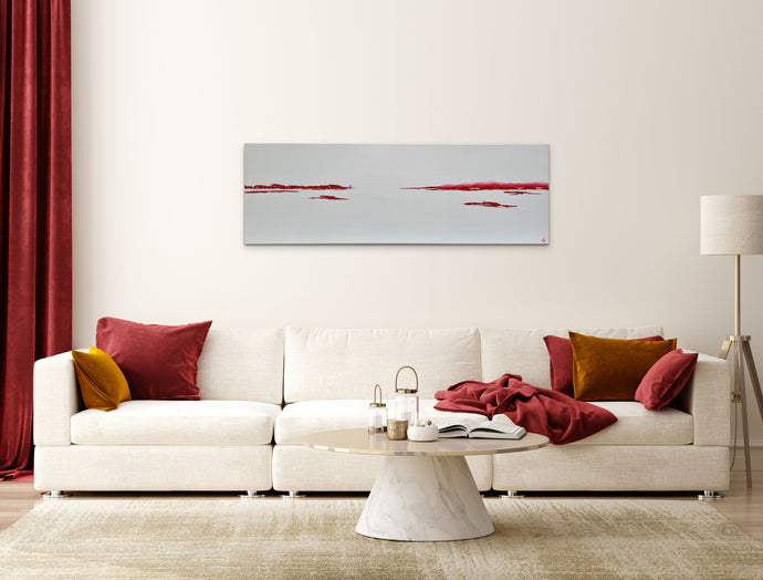 Tableau abstrait rouge et blanc minimaliste dans salon