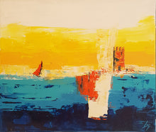 Charger l&#39;image dans la galerie, Tableau abstrait acrylique jaune et bleu représentant la Corse

